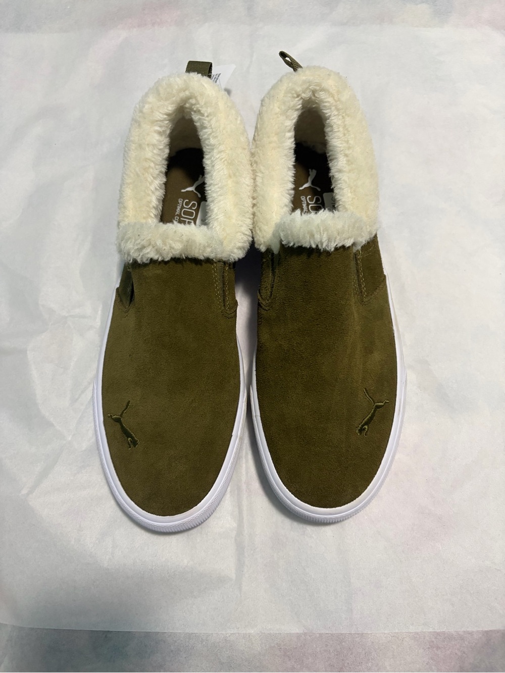 Puma Olive Suede Slip-On Loafers with Cream Sherpa Lining